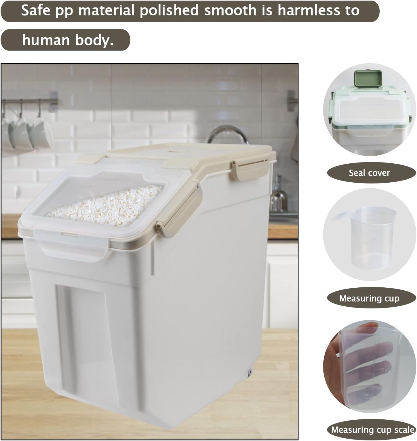 2 Pack Rice Storage Container 25 lbs, Airtight Flour Storage Containers with Lid and Wheels, Measuring Cup & Scoop, BPA Free, Bulk Food Dispenser for Sugar, Grain, Cereal - Pet Food Bin (Grey)