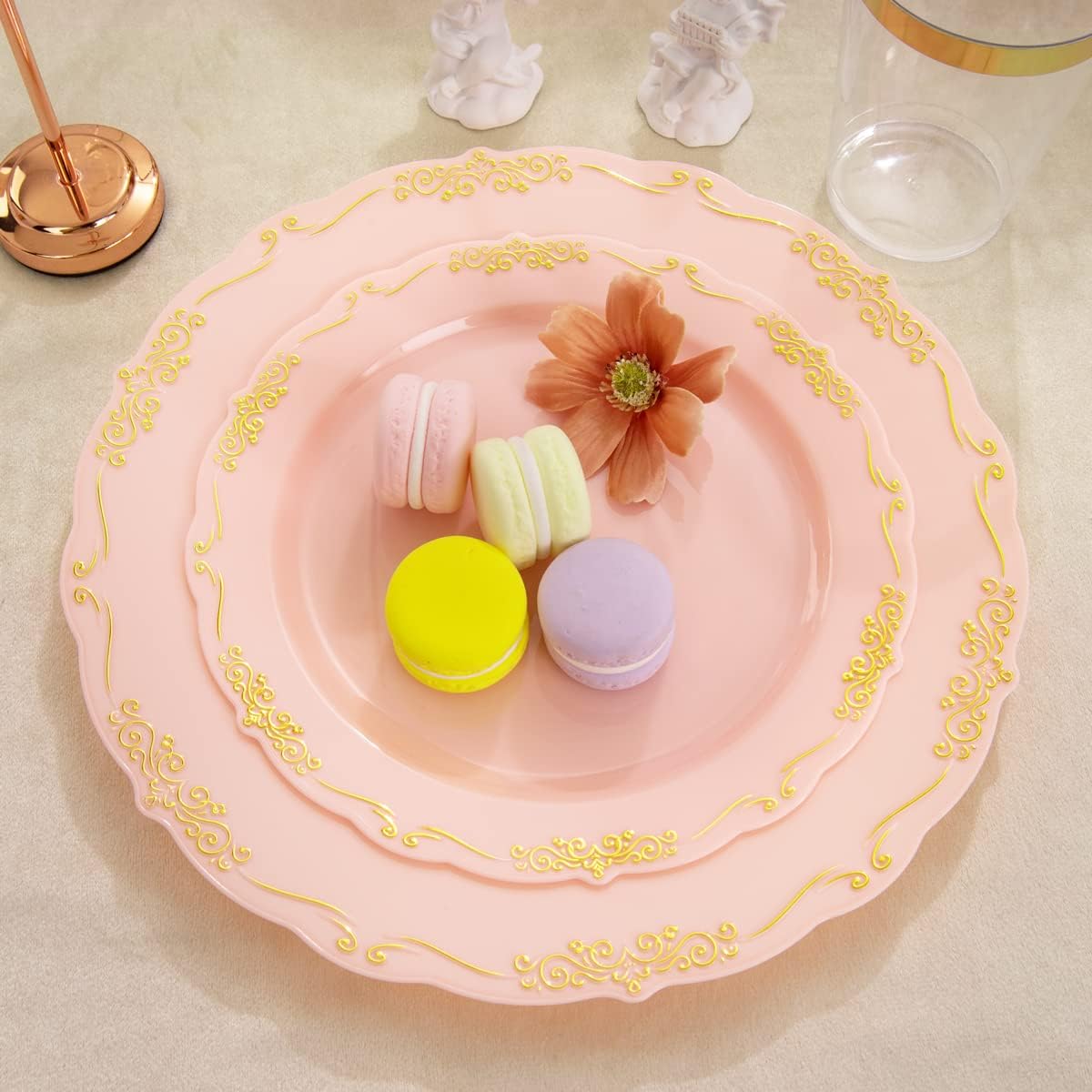 Supernal 210 Pink and Gold Plastic Plates ＆ Plastic Silverware,Elegant Party Cups,Dessert/Salad Plate with Gold Rim, disposable paper Napkins,Suit for Bridal Shower, Wedding,Birthday