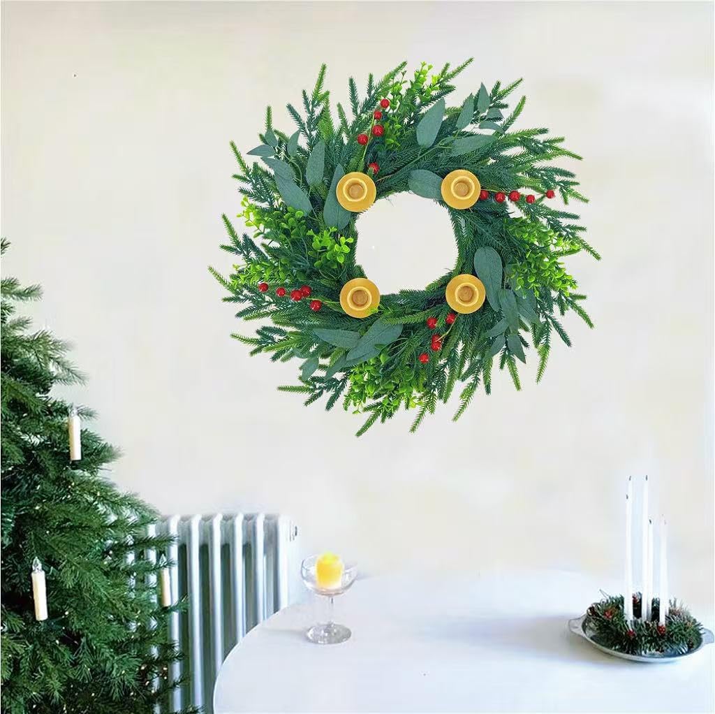 20Inch Christmas Pine Candle Wreath for Front Door, Artificial Advent Candle Holder with Red Berries for Holiday Tabletop Wall Window Porch Candle Decor