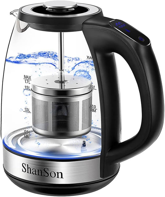 ShanSon Electric Kettle with Tea Infuser 1.7L Temperature Control Glass Electric Tea Kettle 1500W Fast Heating Water Boiler BPA Free Electric Teapot with 7 Presets Auto-Off & Boil-Dry Protection