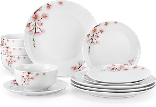 VEWEET Porcelain Dinnerware Sets for 4, 12 Pieces Plates and Bowls Set with Pink Floral, Kitchen Dishes Set Dining Ware for Family, Microwave and Dishwasher Safe, Series ANNIE