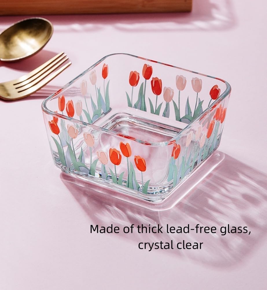 9 OZ Small Flower Candy Dish Floral Candy Bowl Cute Tulip Square Glass Bowl for Snack,Dessert,Fruit,Icecream,Yogurt,Dipping,Prep,Mini Clear Serving Bowl,set of 2
