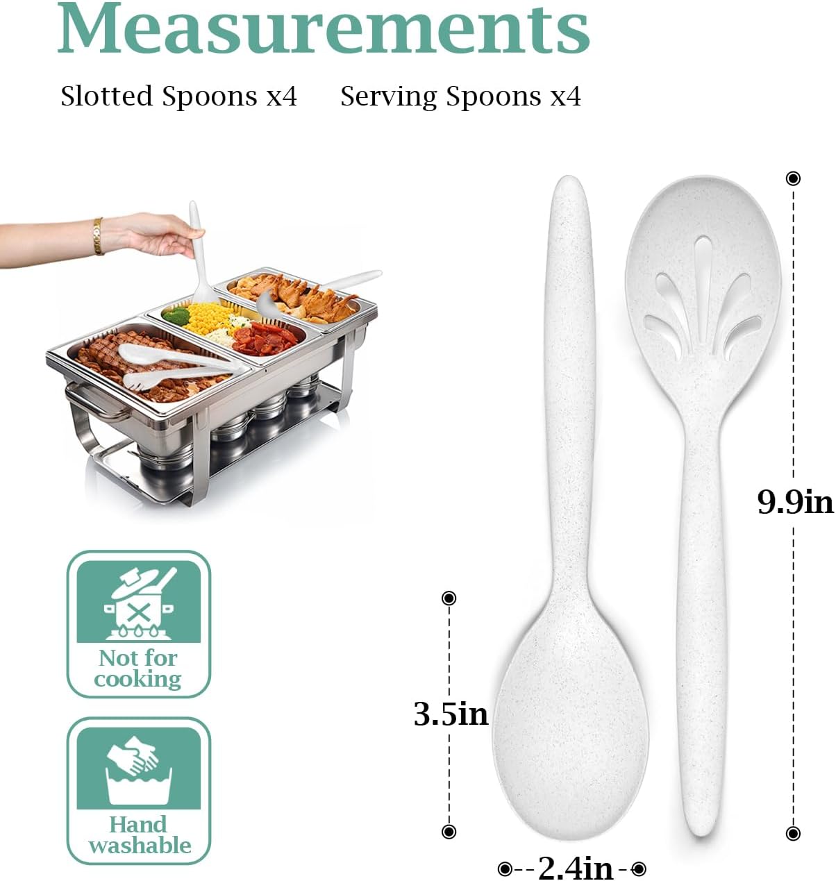 8 Pack 10" Large Reusable Plastic Wheat Straw Serving Spoon Set, 4 Serving Spoons & 4 Slotted Spoons, Kitchen Mixing Serving Spoon for Buffet Chafing Dish Catering (White, Not for Cooking)
