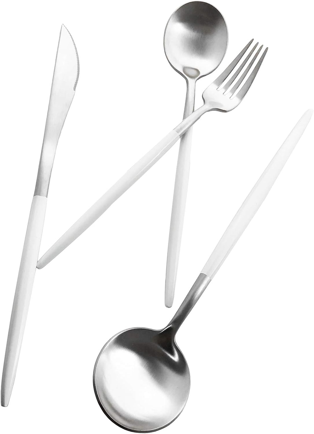 Matte Silverware Set, 20-Piece 18/10 Stainless Steel Satin Finish Flatware Set Service for 4, Kitchen Utensil Set, Tableware Cutlery Set for Home Restaurant (White Handle Silver, 20-Piece)