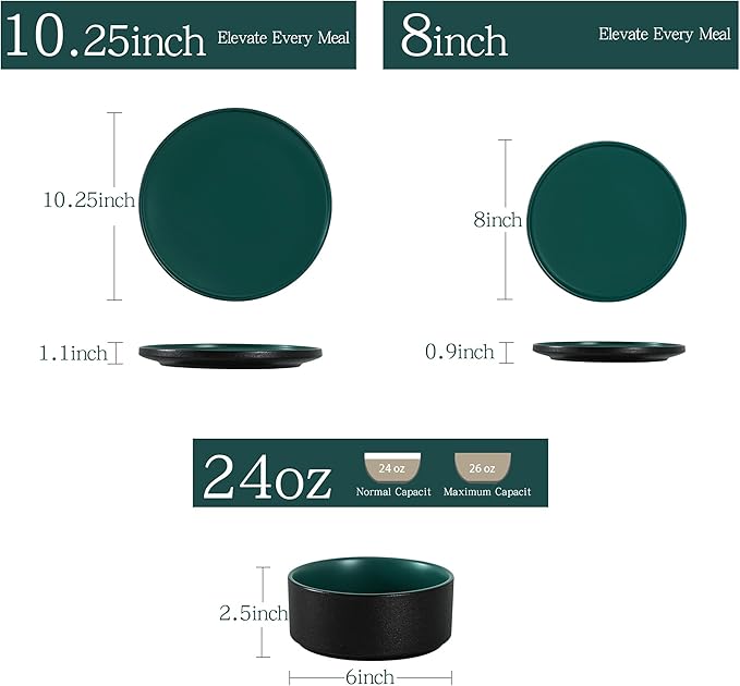 6 Piece Ceramic Dinnerware Set for 2, Modern Minimalist Stoneware Dinner Plates and Bowls, Microwave Safe, Dishwasher Safe, Versatile for All Seasons, Matte Green