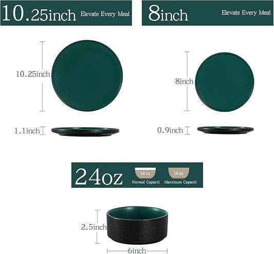 6 Piece Ceramic Dinnerware Set for 2, Modern Minimalist Stoneware Dinner Plates and Bowls, Microwave Safe, Dishwasher Safe, Versatile for All Seasons, Matte Green
