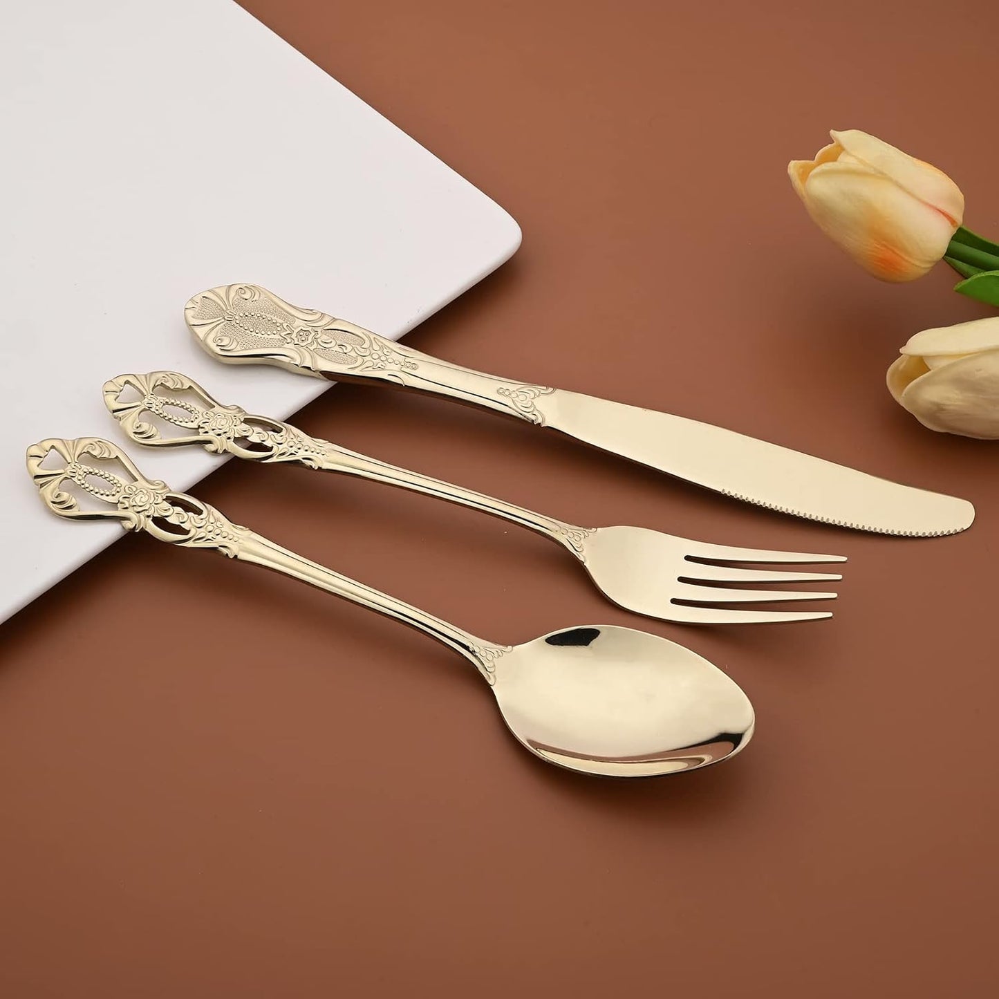 Royal 24-piece Mirror Champagne Gold Silverware Dinnerware, 18/10 Stainless Steel Luxury Flatware Service For 6 Include Knives/Forks/Spoons/Teaspoons, Dishwasher Safe