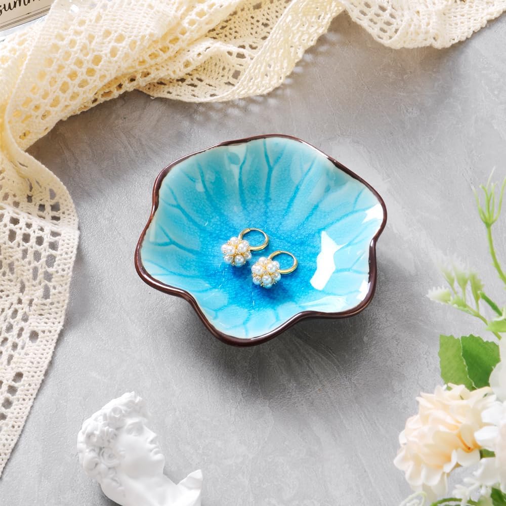 Ice Cracking Leaf Jewelry Dish, Decorative Ring Holder Small Trinket Tray Bowl, Gifts for Daughter Mom Friends, Lake Blue.