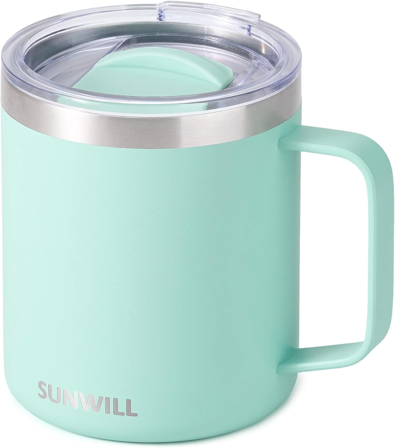SUNWILL Insulated Coffee Mug with Lid, Travel Tumbler with Handle, 14 oz Stainless Steel Cup for Camping, Office, Home, Powder Coated Mint