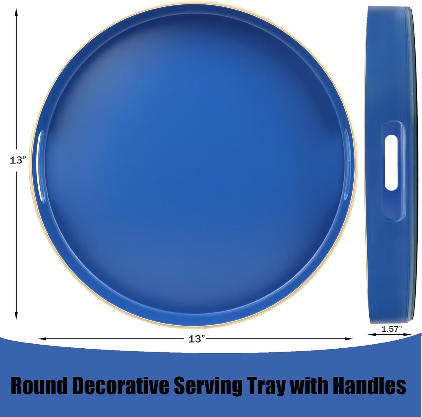 Royal Blue Round Decorative Tray with Handles, 13" Versatile Serving Tray for Coffee Table, Ottoman, Ideal for Serving, Displaying, Organizing