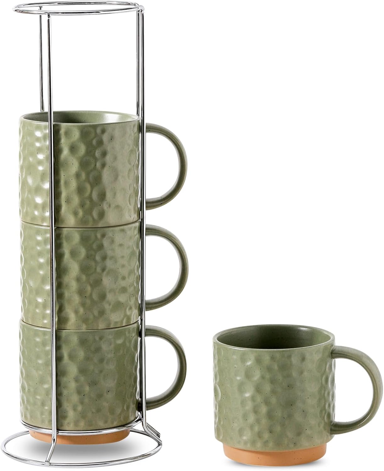 Nihow Ceramic Coffee Mug Set of 4, 16OZ Stackable Coffee Mug Set with Stainless Stand,Large Cup Set for Cappuccino,Tea,Hot/Cold Drinks,Dishwasher & Microwave Safe,Matte Green