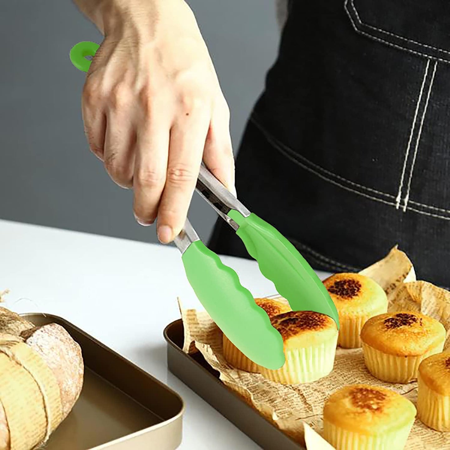 Mini Tongs with Silicone Tips 7 Inches Silicone Cooking Tongs, Set of 3 (Green)