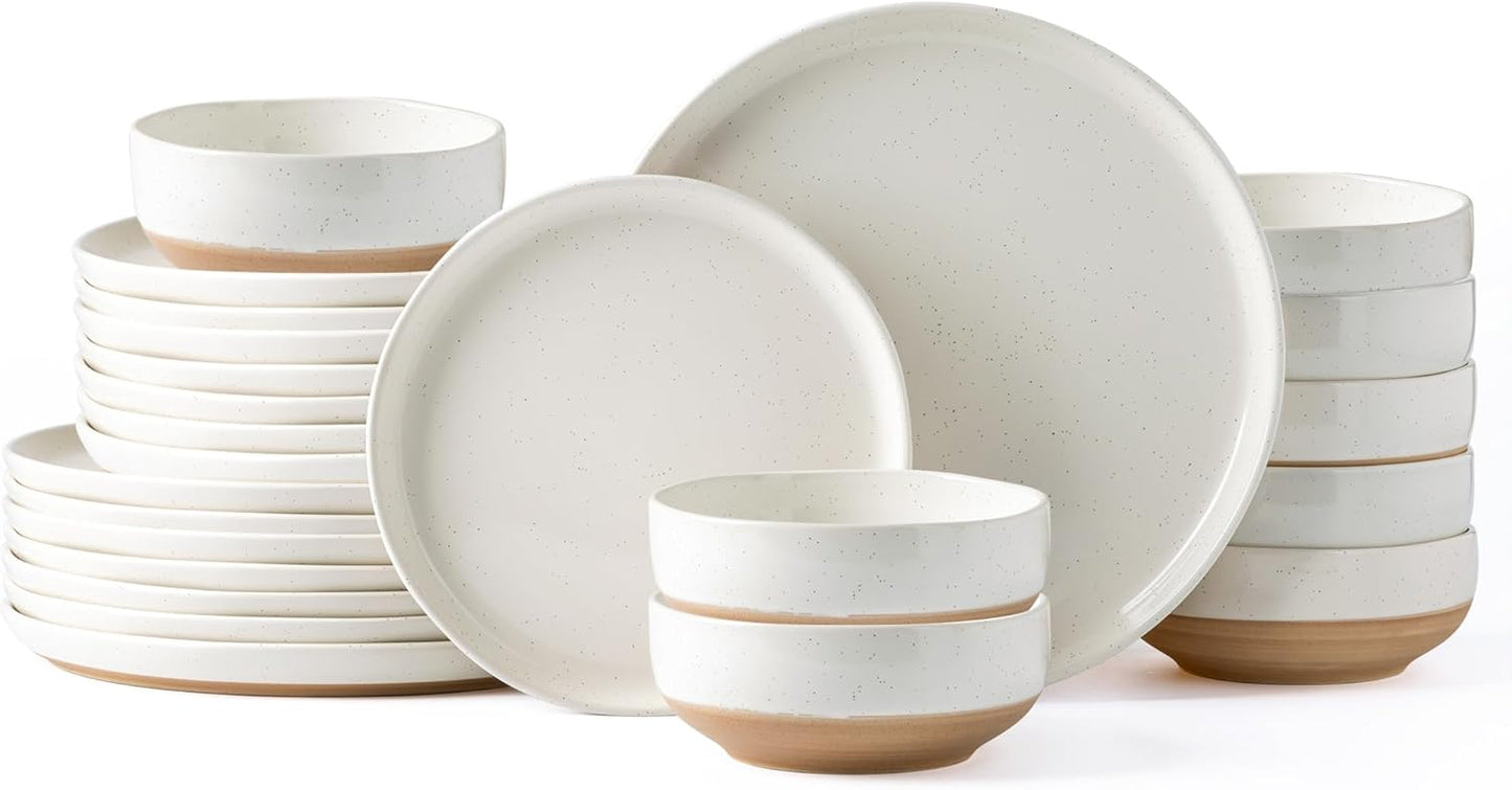 AmorArc Ceramic Dinnerware Sets for 8, 24 Pieces Handpainted Plates and Bowls Set with Rustic Terracotta Underside, Scratch Resistant Stoneware Dishes Set, Dishwasher & Microwave Safe, Light Beige
