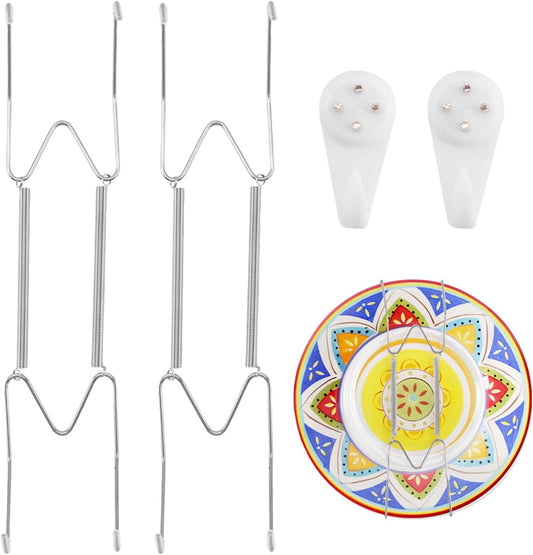2 Pack Plate Hangers for The Wall Suitable for 10-14 inch Small Decorative Plate, Invisible Stainless Steel Plate Hangers for Display with Wall Hooks, for Plates/Platter/Dish/Picture(Silver)