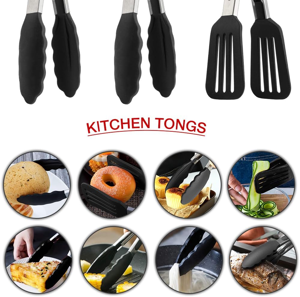 9 Inch Small Kitchen Tongs Set of 3, Silicone Cooking Tongs with Silicone Tips and Stainless Steel Handle, Tongs for Cooking, Serving