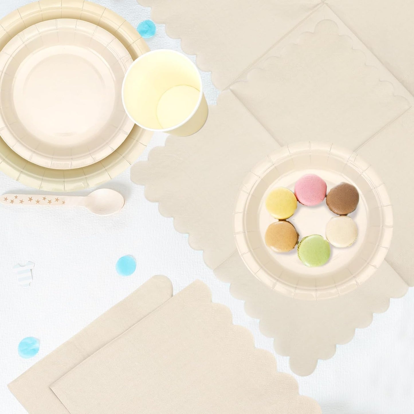 150 Pcs Disposable Party Dinnerware Supplies Set Includes 7'' 9'' Disposable Paper Plates 9oz Paper Cups Scalloped Cocktail Napkins for Baby Shower Birthday Wedding(Milky White)