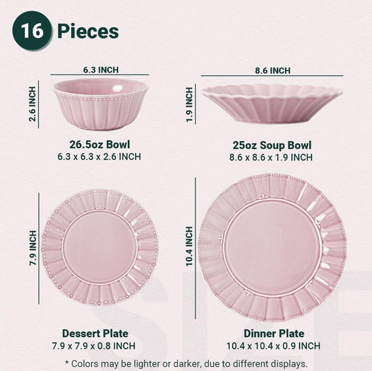 Plates and Bowls Sets for 4, 16 Piece Dinnerware Sets, Porcelain Plate set, Ceramic dish set, Wedding kitchen & dining, Microwavable Dreamy Sakura Pink