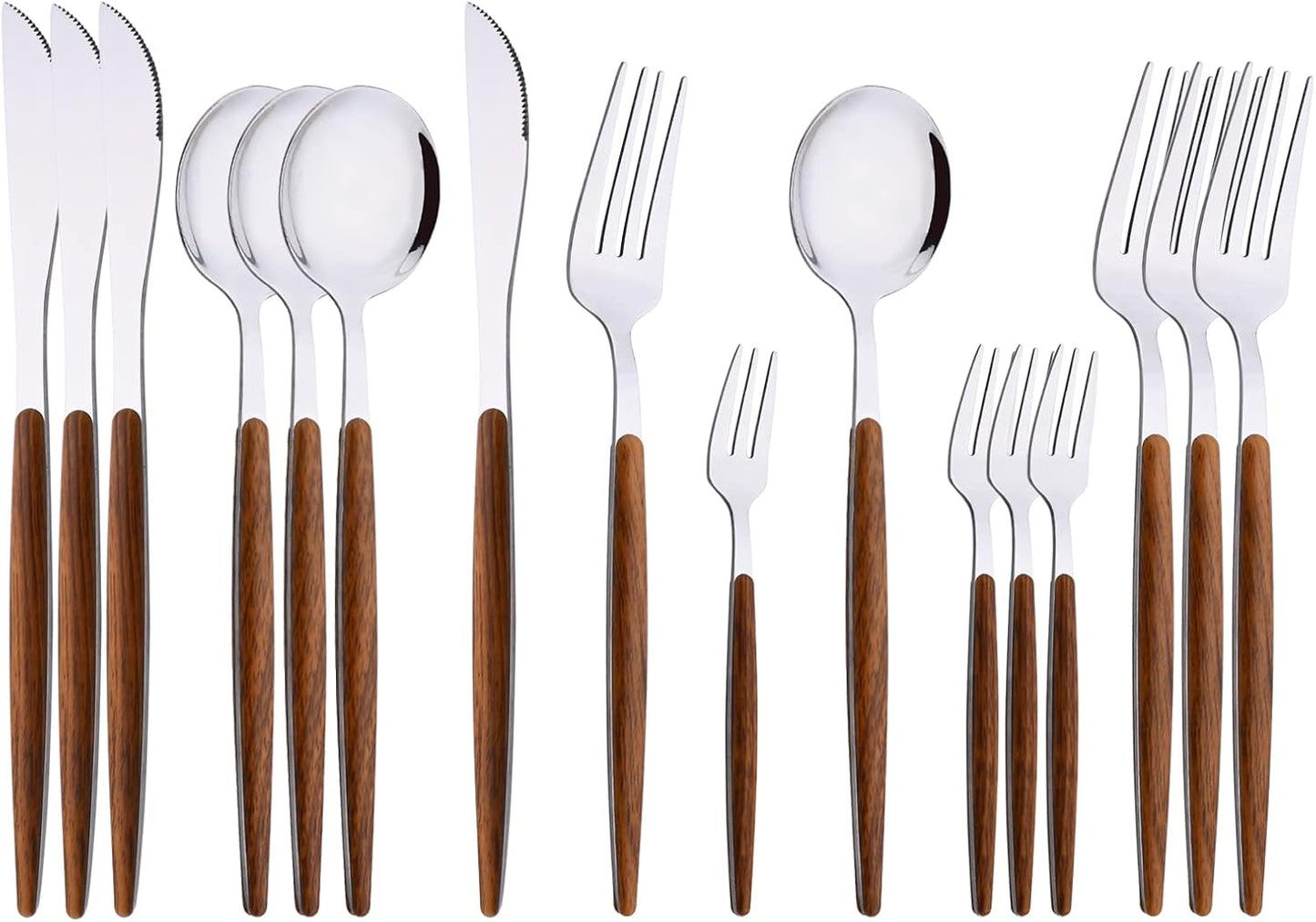 16-Piece Silverware Set with Cake Fork, Silver Stainless Steel Flatware Cutlery, Eating Utensils with Wooden Effect Handle, Includes Knife, Fork, Spoon, Mirror Finish, Dishwasher Safe