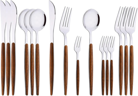 16-Piece Silverware Set with Cake Fork, Silver Stainless Steel Flatware Cutlery, Eating Utensils with Wooden Effect Handle, Includes Knife, Fork, Spoon, Mirror Finish, Dishwasher Safe