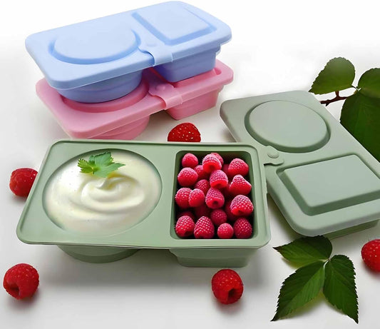 3 Pack Reusable Silicone Snack Container with Lids, Leak-Proof 2 Compartment Food Storage Box for Sauces, Fruits, Candy, Microwave Safe Collapsible Snackle Take-out Lunch Portable Kitchen Boxes