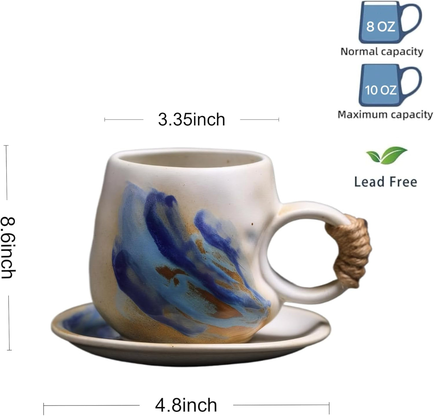 10oz Unique Vintage Retro Japanese Handmade Ceramic Cappuccino Barista Cup with Saucer – Artisanal Stoneware Coffee Mug, Lead-Free Latte Art Mug (1, White)