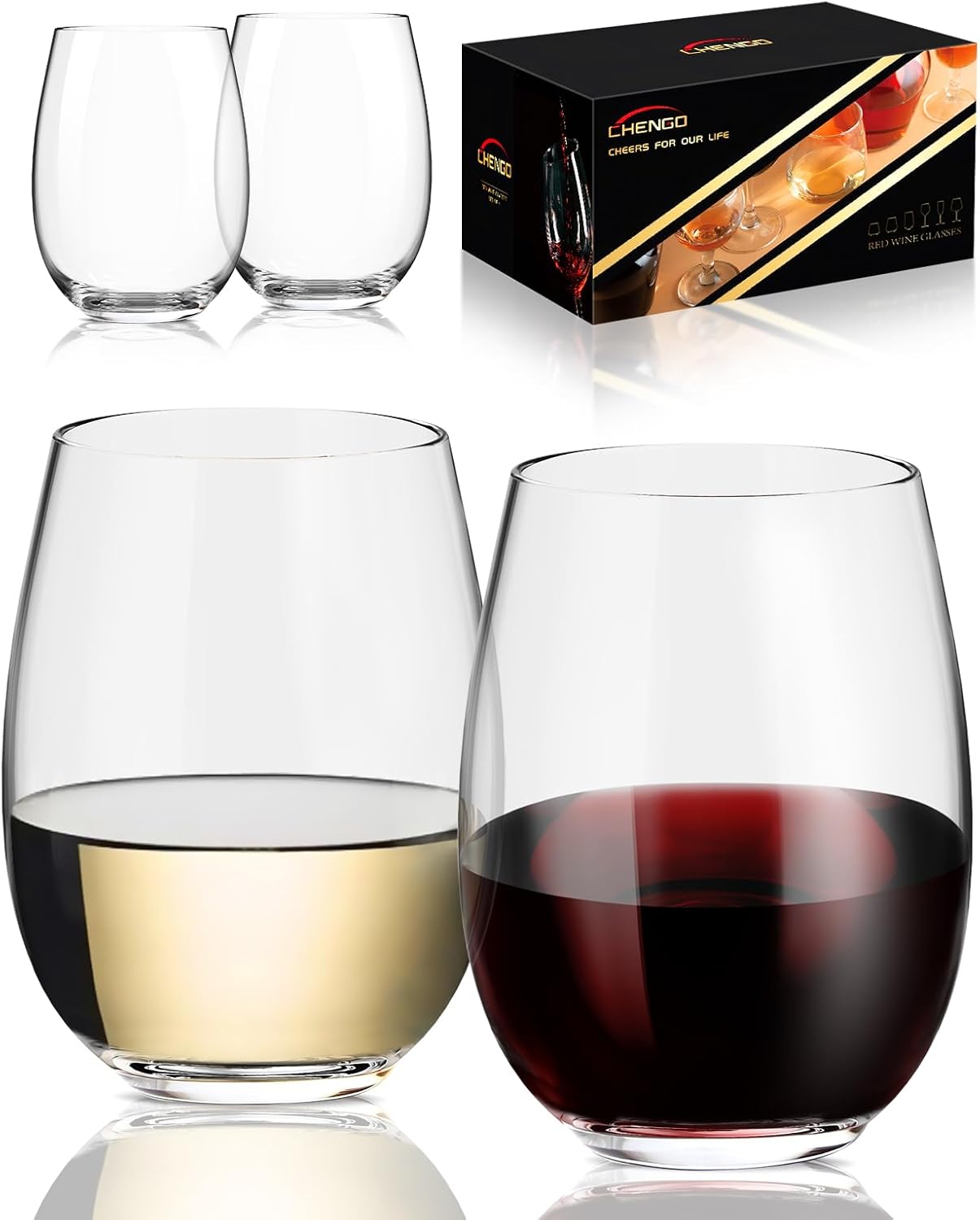 CHENGO Stemless Wine Glasses Set of 4 for Daily Use, 18oz Premium Stemless Red or White Wine Crystal Glass, No Stem Wine Glasses, Gifts for Wedding, Anniversary, Hosting, Birthday