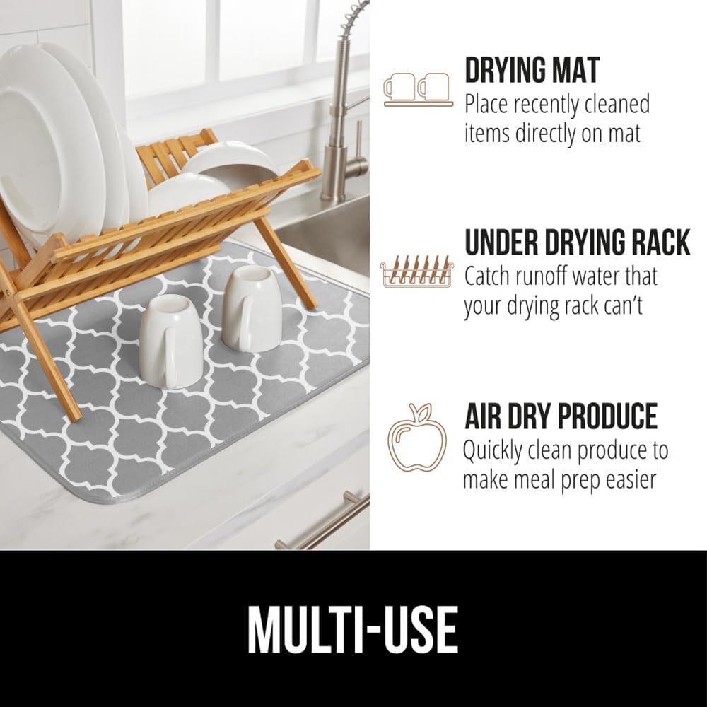 GORILLA GRIP Ultra Water Absorbent Microfiber Dish Drying Mat, 18x32, Quick Dry Thick Mesh, Slip Resistant Pad for Sink Dishes or Under Rack, Kitchen Counter Accessories, Machine Wash Mats, Quatrefoil