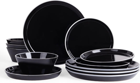 Famiware Saturn Dinnerware Sets, Plates and Bowls Sets for 4, 12 Pieces Stoneware Dish Set - Chip and Scratch Resistant, Microwave and Dishwasher Safe Tableware Set, Black with Rim