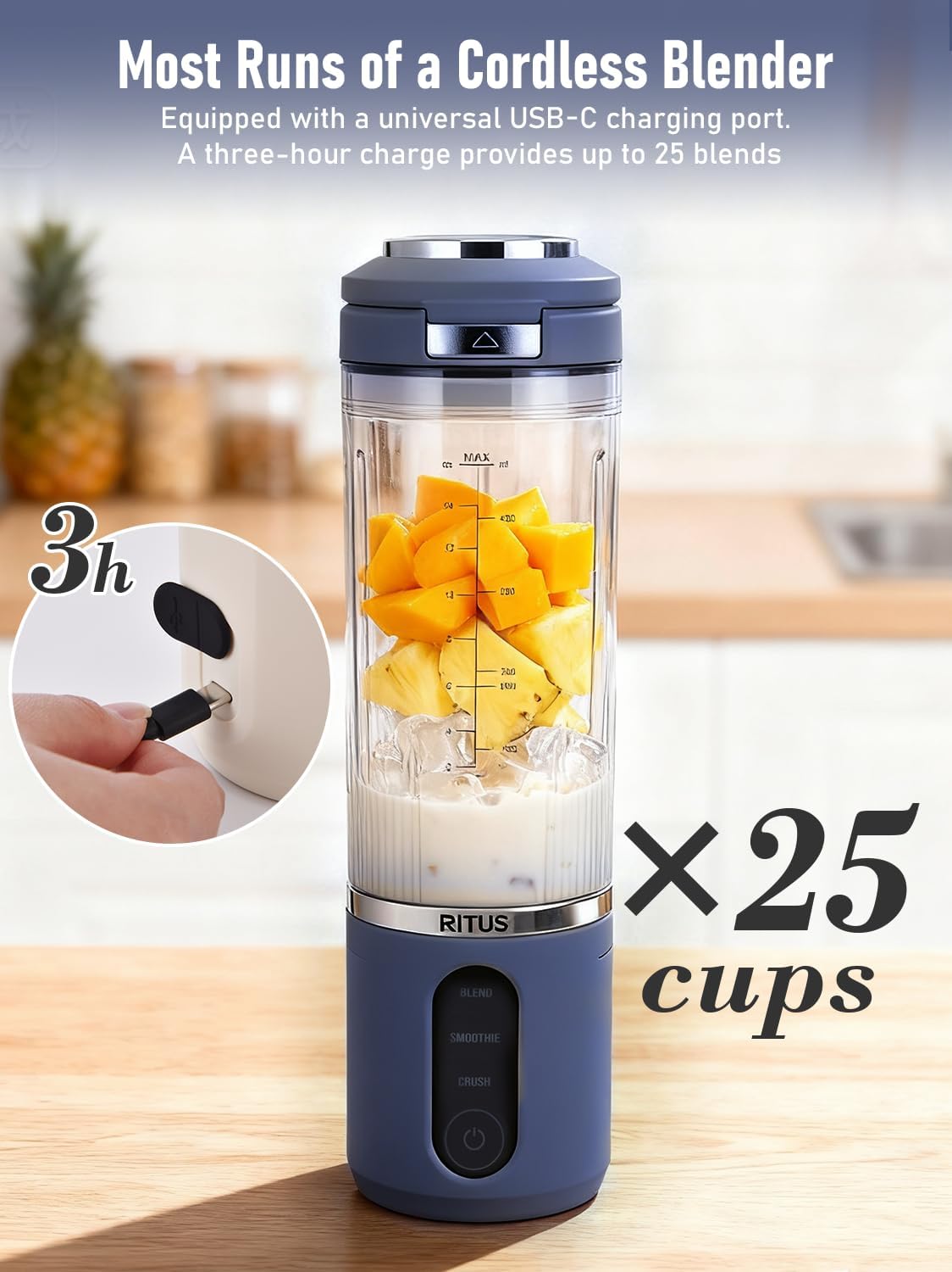 RITUS VORTEX Pro Portable Blender,Personal Blender w/Removable Vessel-for-Smoothies Blend Ice Crush 3 Programs,Cordless 20oz BPA Free Vessel Magnetic-Ring Dishwasher Safe, Leakproof，Navy