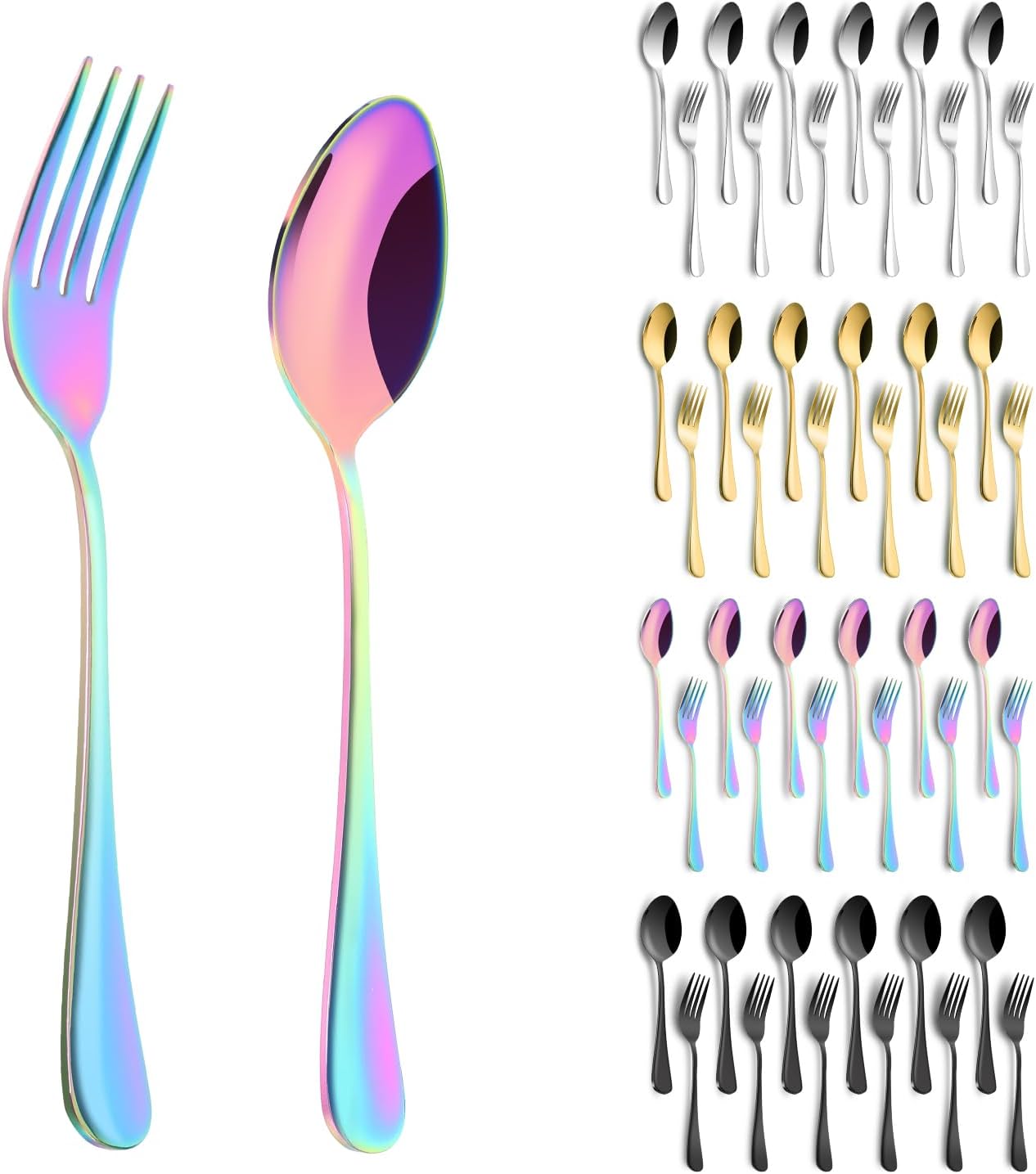 12 Pieces Spoons and Forks Set,Food Grade Stainless Steel Flatware Cutlery Set,6 Forks and 6 Spoons Silverware Set for Home,Kitchen,Restaurant-Mirror Polished & Dishwasher Safe(Rainbow)