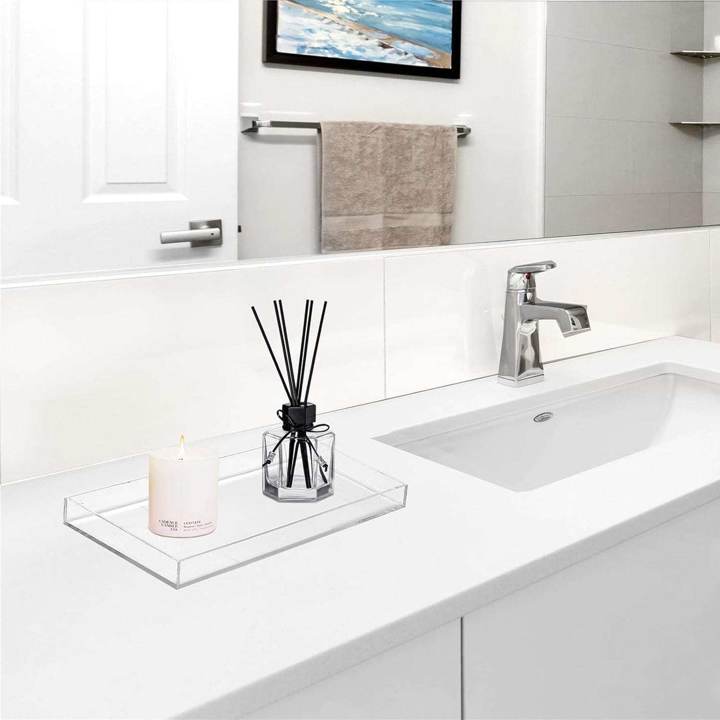 ROYALITA Acrylic Tray Bathroom Tray for Countertop, Guest Towel Holder Tray for Napkin Perfume Jewelry Makeup, Vanity Trays for Soap Dispenser, Aromatherapy, Cup & Candle, White