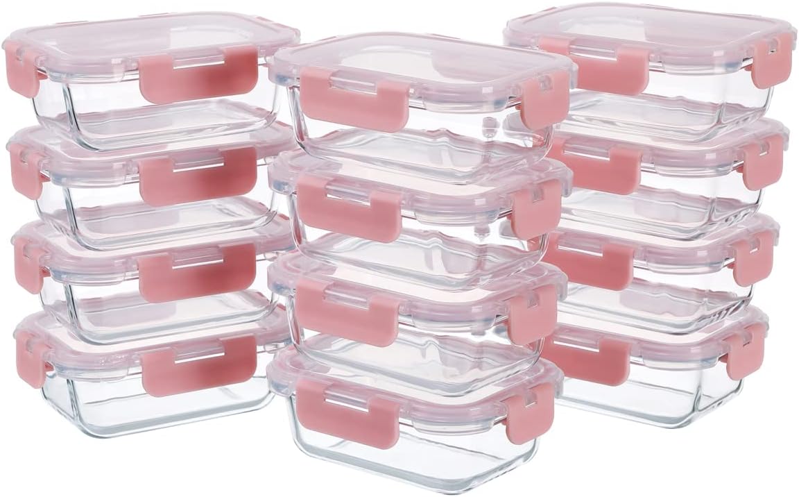 Small Glass Food Storage Containers 12 Pack-12oz Glass Containers with Lids for Meal Prep, Food Storage, Freezer to Microwave Safe, Air-Tight, Leak-Proof, Pink Set