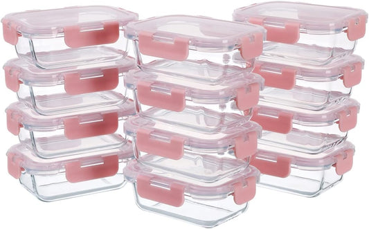 Small Glass Food Storage Containers 12 Pack-12oz Glass Containers with Lids for Meal Prep, Food Storage, Freezer to Microwave Safe, Air-Tight, Leak-Proof, Pink Set