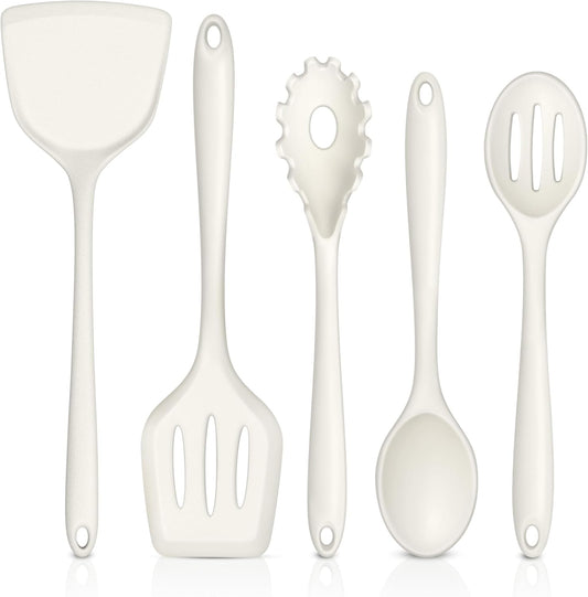 TeamFar Silicone Cooking Utensils Set of 5, Kitchen Utensils Solid & Slotted Spoons Turners Pasta Server for Nonstick Cookware, Healthy & Heat-Resistant, Seamless & Non-Scratch, Dishwasher Safe, White