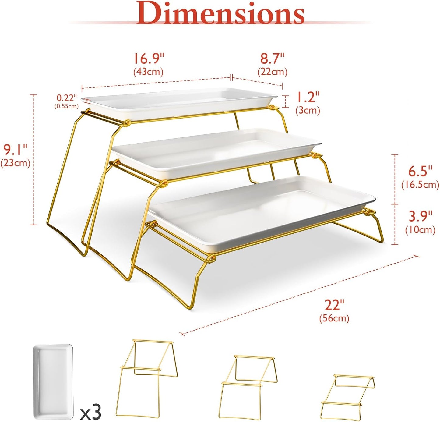 Extra Large 3-Tier Melamine Serving Tray Set and Cupcake Stand for Party Events, 17" Platters with Tiered Stand, Holds 63 Cupcakes, Food, Dessert, and Fruit, 24K Gold-Plated