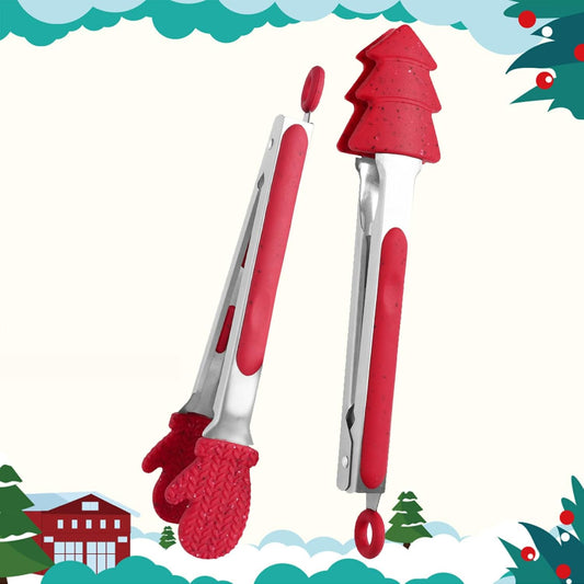 NileHome Christmas Kitchen Tongs, 2 Pack 10" Professional Stainless Steel Metal Tongs – Heat-Resistant for Grilling, BBQ, Serving Salad, Pasta, and Kitchen Use, Dishwasher Safe, Red