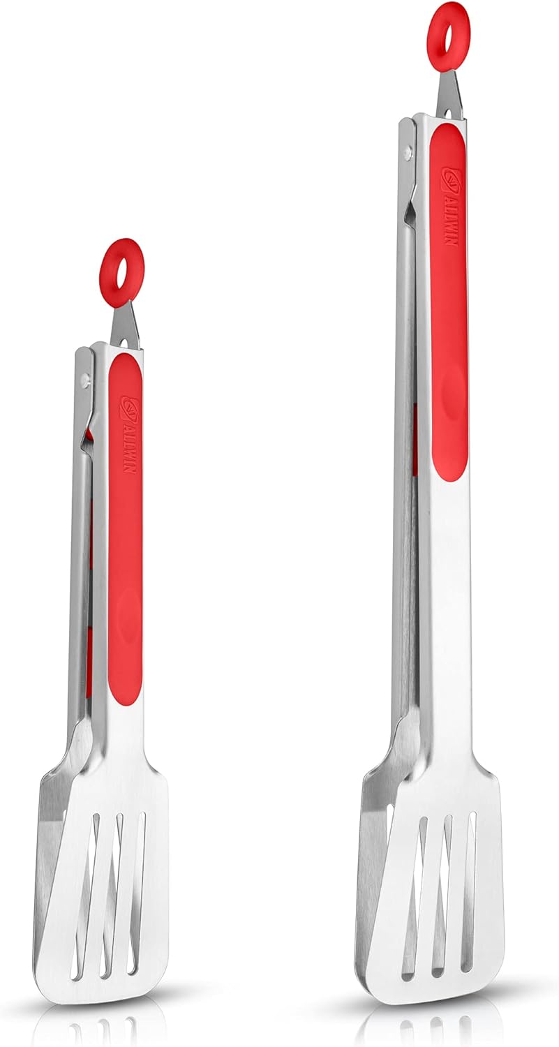 Premium 304 Stainless Steel Barbecue Turners, Heavy Duty Non-Stick BBQ Cooking Kitchen Tongs, 9" and 12" Red