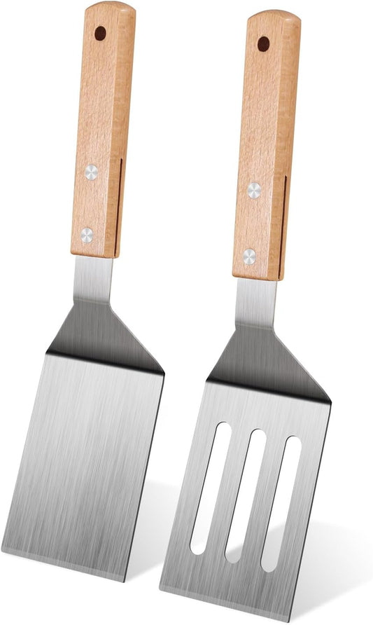 Stainless Steel Spatula Set, 2 Pcs Metal Spatulas for Kitchen Use, Professional Metal Spatula for Cast Iron Skillet with Wooden Handle, Ideal Choice for Making Desserts, Pancakes, Eggs, and BBQ