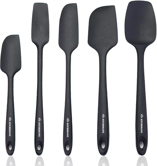 KITCHENLOVE Premium 600°F Heat Resistant 5 Piece Silicone Spatula Set for Baking, Cooking, Mixing - Non-Stick with High Grade S-Iron Steel Core - One Piece Seamless Design - BPA Free (Black)