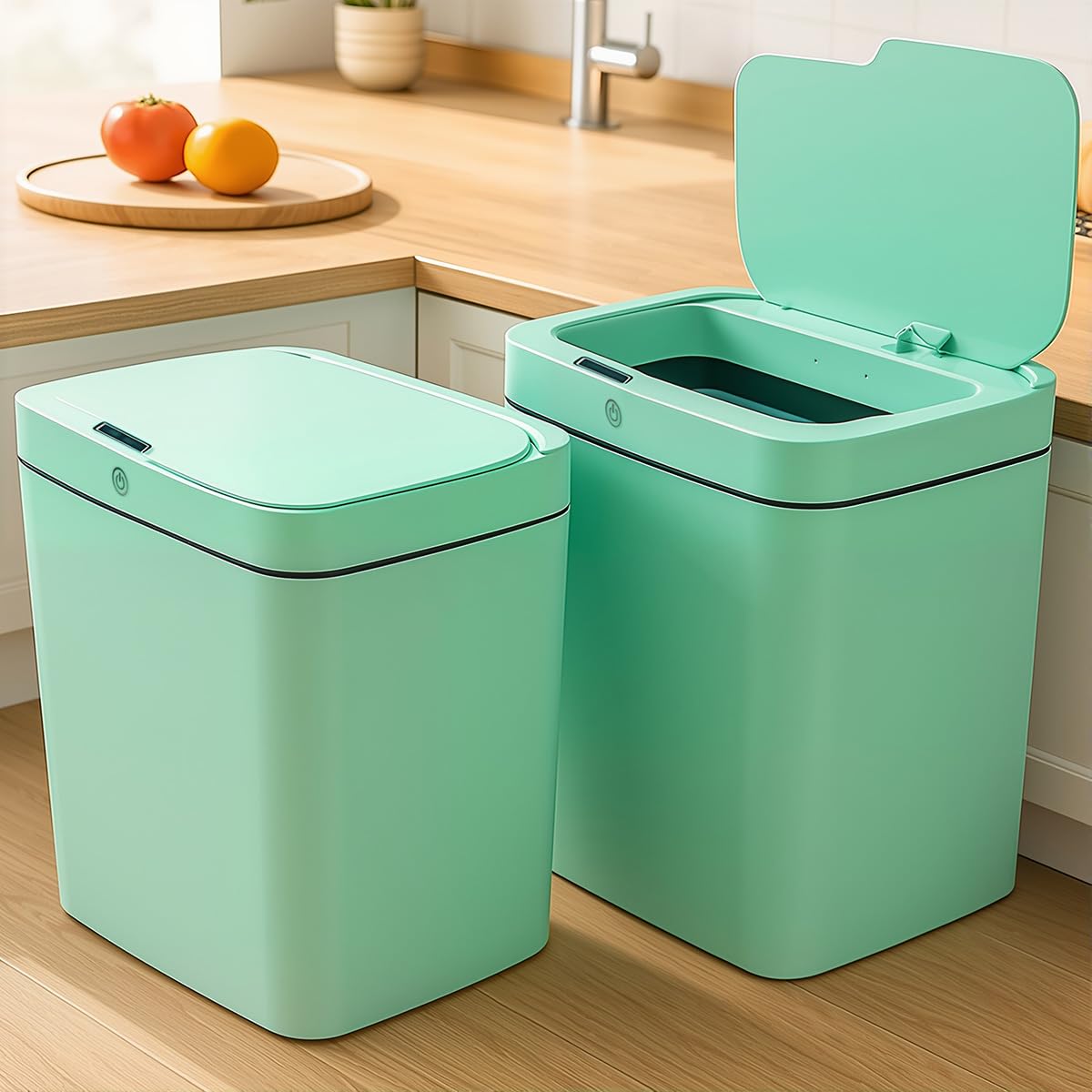 Two Green smart sensor trash cans with a capacity of 4 gallons, supporting multiple opening methods, waterproof design, anti odor design, fast response, suitable for kitchens,bedrooms,offices, etc