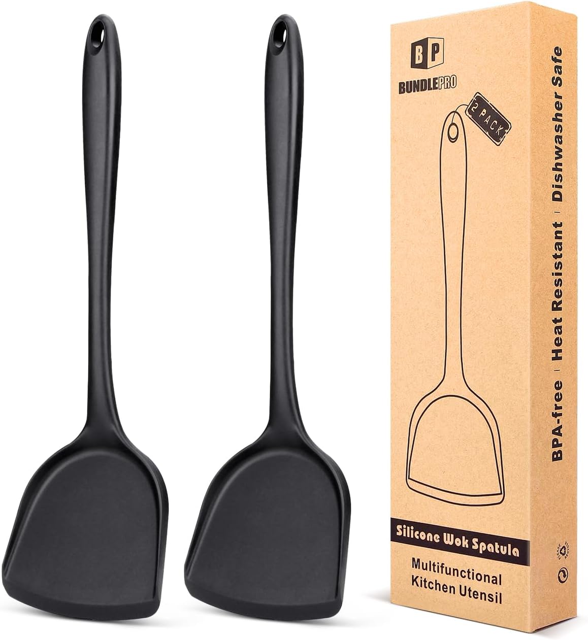 Pack of 2 Silicone Wok Spatula, Non-Stick, Heat Resistant, Easy to Clean and Dishwasher Safe, Seamless Kitchen Utensil for Cooking, Baking, Stir-Fry (Black)