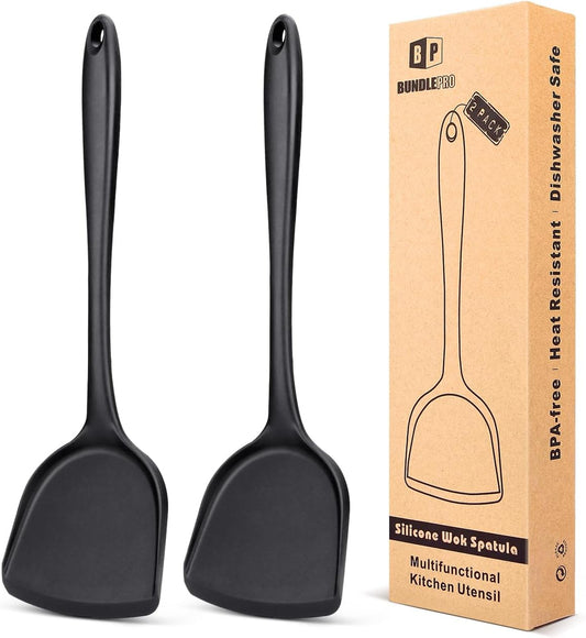 Pack of 2 Silicone Wok Spatula, Non-Stick, Heat Resistant, Easy to Clean and Dishwasher Safe, Seamless Kitchen Utensil for Cooking, Baking, Stir-Fry (Black)