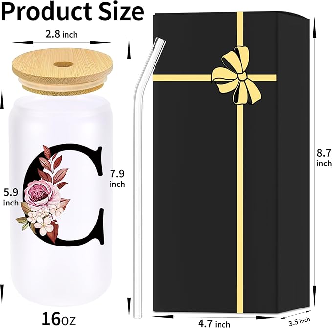 Monogrammed Glass Drinking Cup With Lid Straw Girlfriend Gf Gifts Future Mrs for Her Women Boyfriend 1 One Year Anniversary Meaningful Cute Romantic Christmas Xmas First Valentines I Love You More,C