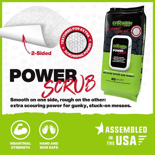 Crocodile Cloth PowerSCRUB - 40 (15" x 10") Heavy Duty Cleaning Wipes - Dual-Surface Cloths, Moist, Absorbent, & Disposable - Safe on Skin & Multiple Surfaces