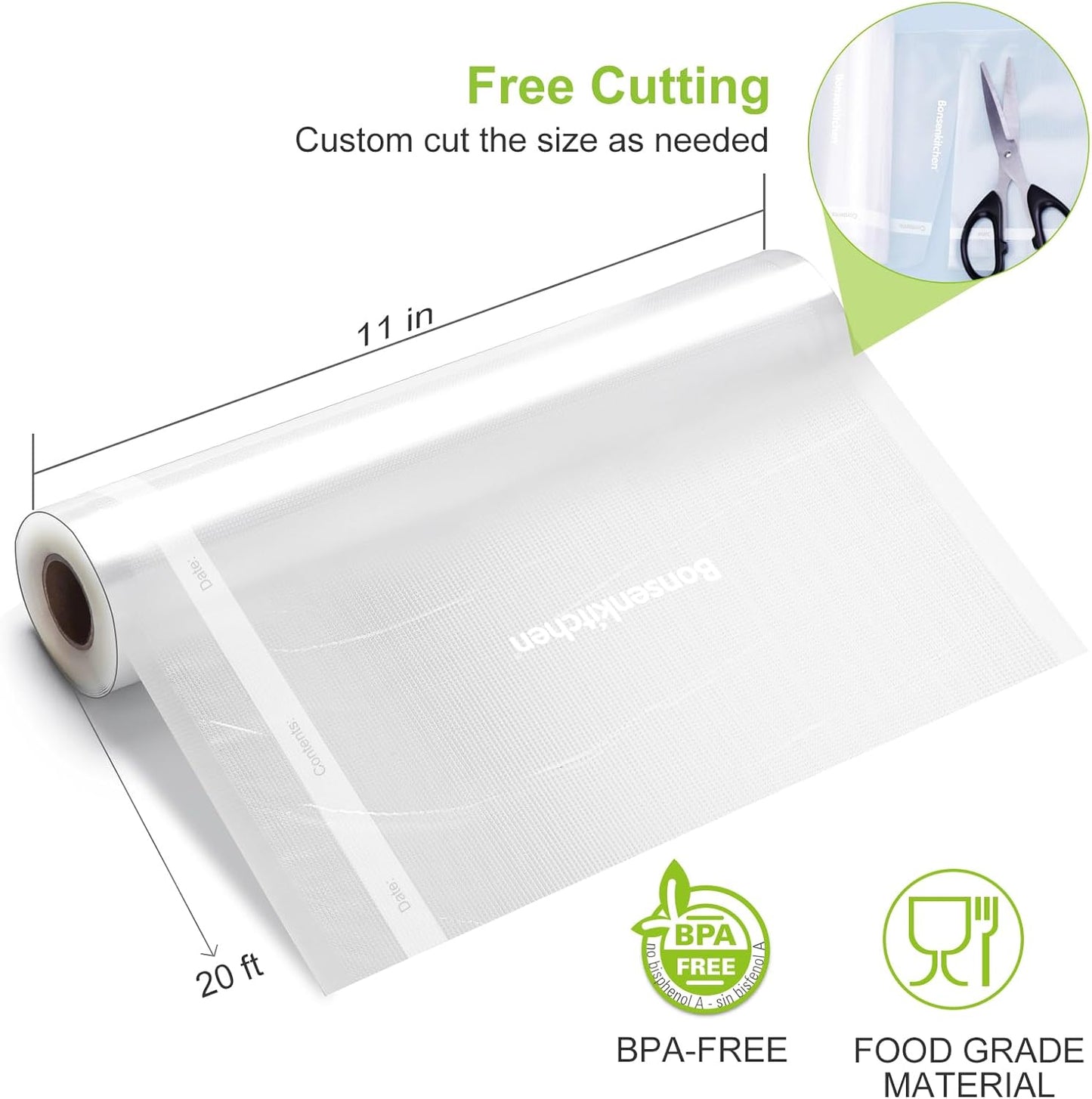Bonsenkitchen Vacuum Sealer Bags, 11" x 20' Rolls 2 Pack for Food Storage Saver, Bpa Free, Heavy Duty, Commercial Grade Textured Food Roll, Customized Size Bag for Sous Vide Cooking, VB3207
