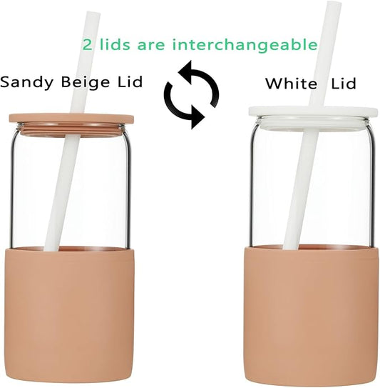 Sunseeke Glass Tumbler with Straw and Lid, 16oz Ice Coffee Cup, Silicone Sleeve Cleaning Brushes, Drinking Glasses for Water, Iced Coffee, Smoothie - BPA Free (Sandy Beige)