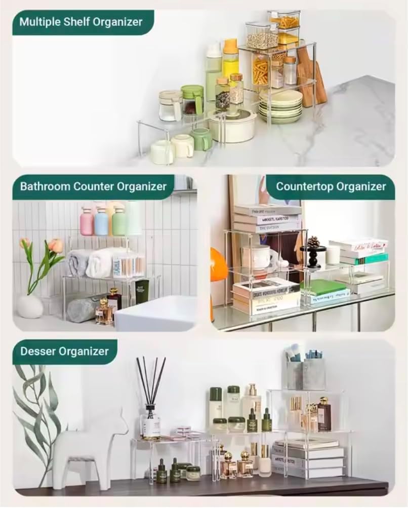 Acrylic Cabinet Shelf Organizer Set of 4 Spice Rack, Desk, Countertop Shelf, Bathroom, Pantry, Kitchen Storage, Refrigerator and Organization Stackable Shelves