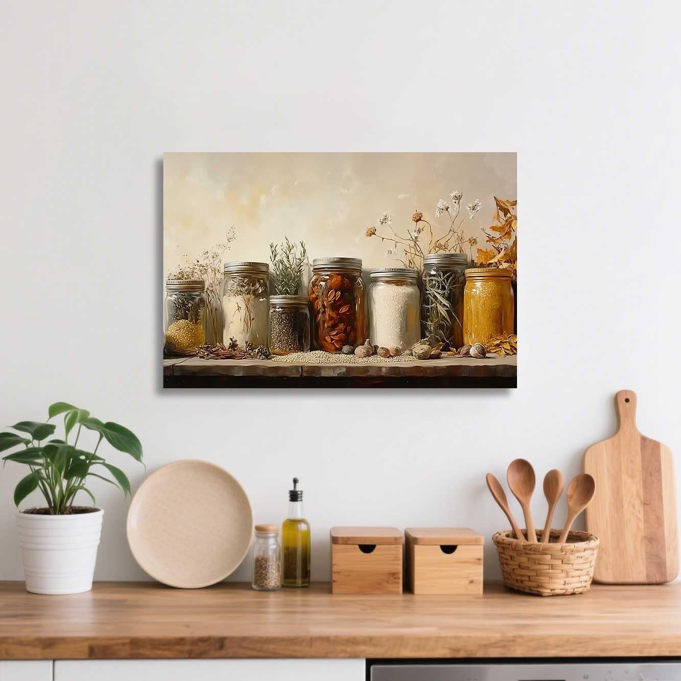 ZSHARTSWD Farm Kitchen Wall Art Country Mason Jar Spice Pictures Still Life Culinary Canvas Print Vintage Spices Food Painting Dining Room Home Decor Framed (Brown, 28.00" x 42.00")