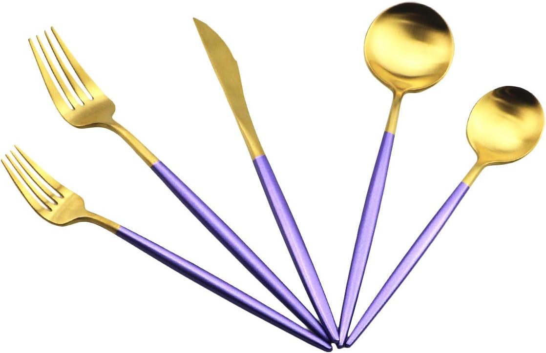 JASHII Silverware Sets, 20-Piece Purple Flatware 18/10 Stainless Steel Heavy Weight Forged Cutlery Eating Utensils Forks Spoons Knives Set Tableware Service for 4 Matte Finished (Purple & Gold)
