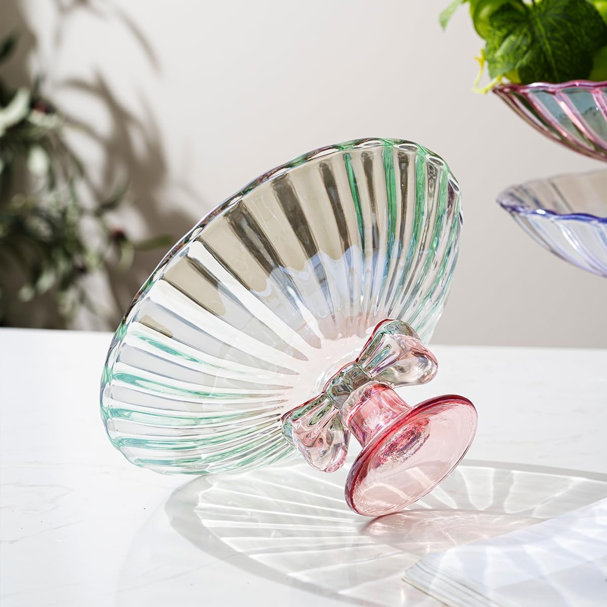 Glass Fruit Bowl. 9 inch Glass Pedestal Bowl. Elegant Bow Decoration Multicolor Salad Plate. Suitable for Fruit, Dessert, Candy, Snack & More. (Green & Pink)